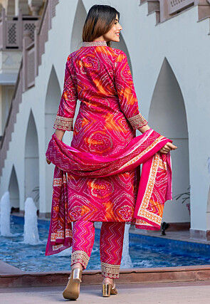 Bandhej Printed Pure Cotton Pakistani Suit in Fuchsia