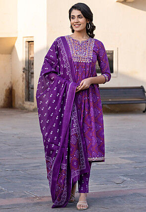 Bandhej Printed Pure Cotton Pakistani Suit in Purple