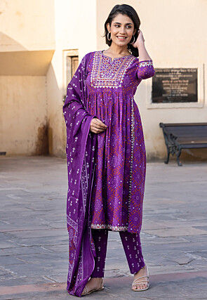Bandhej Printed Pure Cotton Pakistani Suit in Purple
