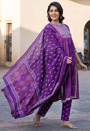 Bandhej Printed Pure Cotton Pakistani Suit in Purple