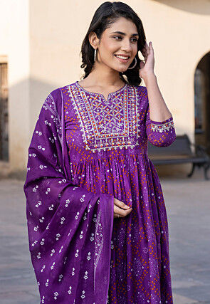 Bandhej Printed Pure Cotton Pakistani Suit in Purple