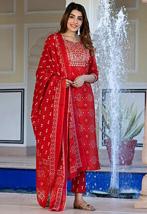 Bandhej Printed Pure Cotton Pakistani Suit in Red