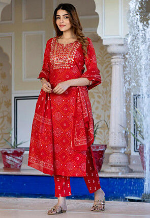 Bandhej Printed Pure Cotton Pakistani Suit in Red