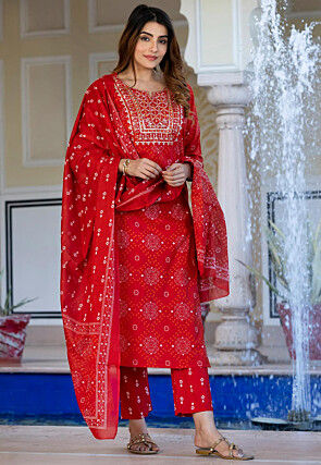 Bandhej Printed Pure Cotton Pakistani Suit in Red