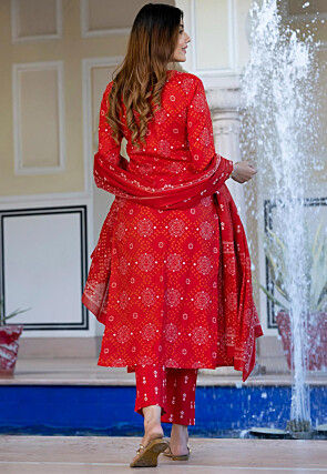 Bandhej Printed Pure Cotton Pakistani Suit in Red