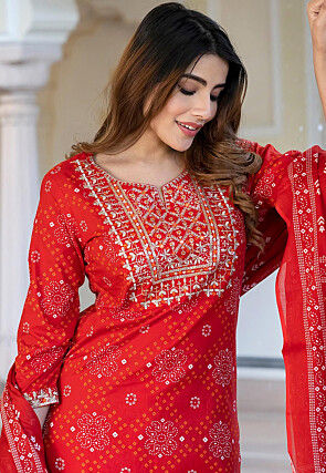 Bandhej Printed Pure Cotton Pakistani Suit in Red