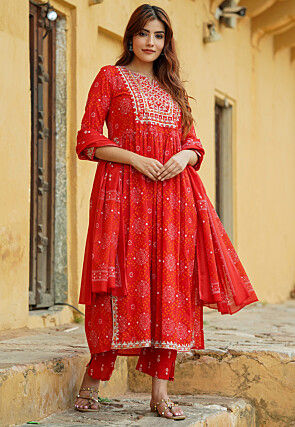 Bandhej Printed Pure Cotton Pakistani Suit in Red