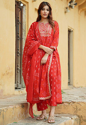 Bandhej Printed Pure Cotton Pakistani Suit in Red