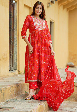Bandhej Printed Pure Cotton Pakistani Suit in Red