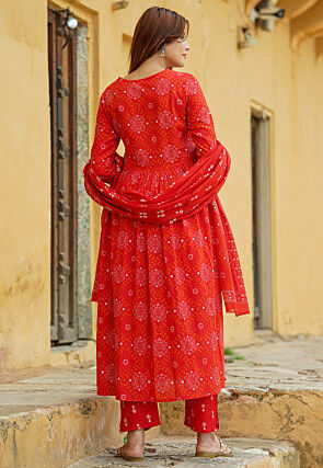 Bandhej Printed Pure Cotton Pakistani Suit in Red