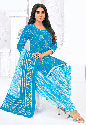 Bandhej Printed Pure Cotton Punjabi Suit in Blue
