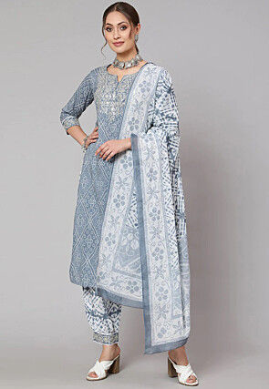 Bandhej Printed Pure Cotton Punjabi Suit in Grey