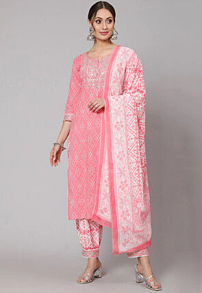 Bandhej Printed Pure Cotton Punjabi Suit in Pink