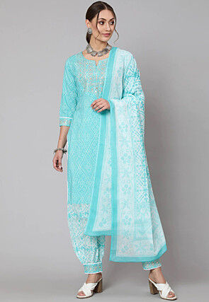 Bandhej Printed Pure Cotton Punjabi Suit in Turquoise