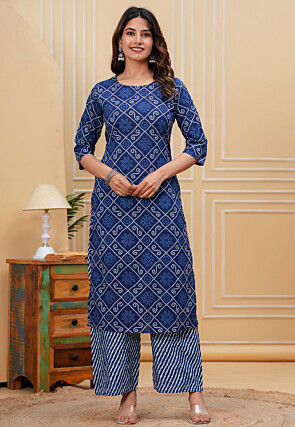 Bandhej Printed Pure Cotton Straight Kurta Set in Navy Blue