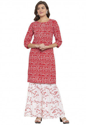 Bandhej Printed Pure Cotton Straight Kurta Set in Red