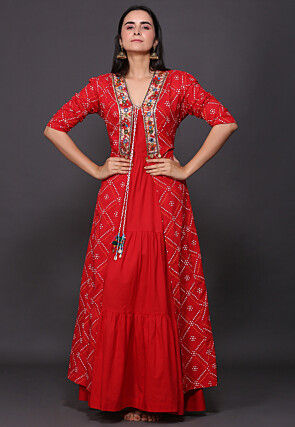 Bandhej Printed Pure Cotton Tiered Dress in Red