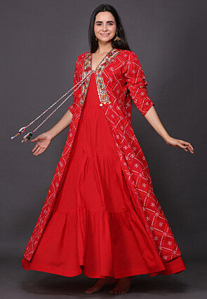 Bandhej Printed Pure Cotton Tiered Dress in Red