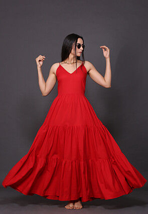 Bandhej Printed Pure Cotton Tiered Dress in Red