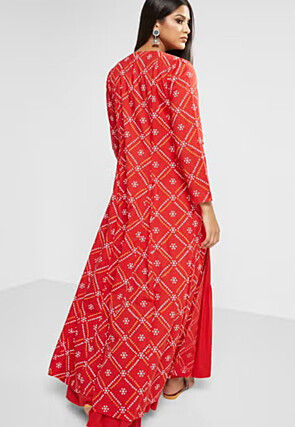 Bandhej Printed Pure Cotton Tiered Dress in Red