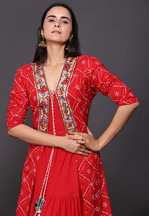 Bandhej Printed Pure Cotton Tiered Dress in Red