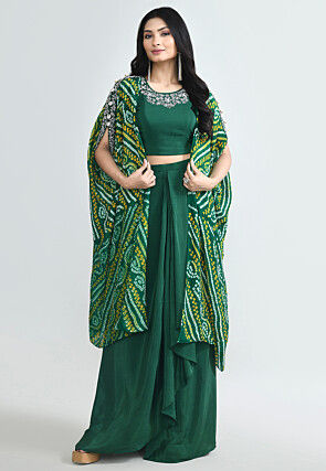 Bandhej Printed Pure Crepe Crop Top Set in Dark Green