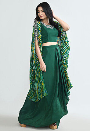 Bandhej Printed Pure Crepe Crop Top Set in Dark Green