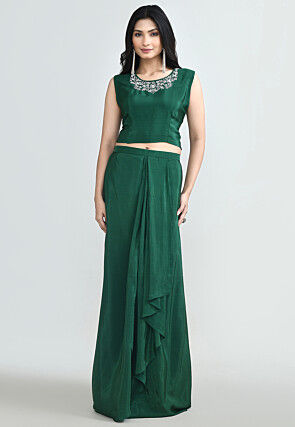 Bandhej Printed Pure Crepe Crop Top Set in Dark Green