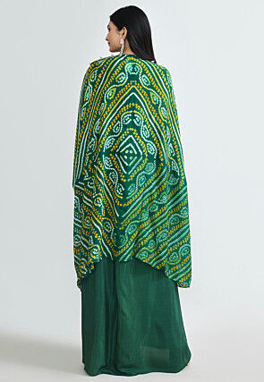 Bandhej Printed Pure Crepe Crop Top Set in Dark Green