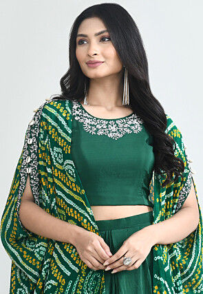 Bandhej Printed Pure Crepe Crop Top Set in Dark Green
