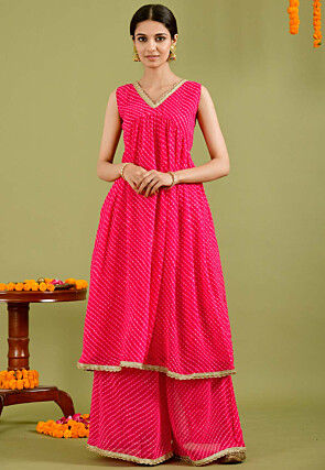 Bandhej Printed Pure Georgette A Line Suit in Fuchsia