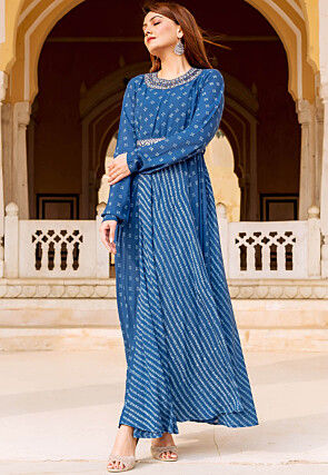 Bandhej Printed Pure Modal Silk Flared Long Kurta in Blue