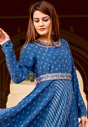 Bandhej Printed Pure Modal Silk Flared Long Kurta in Blue