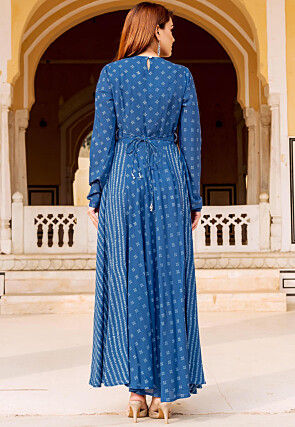 Bandhej Printed Pure Modal Silk Flared Long Kurta in Blue