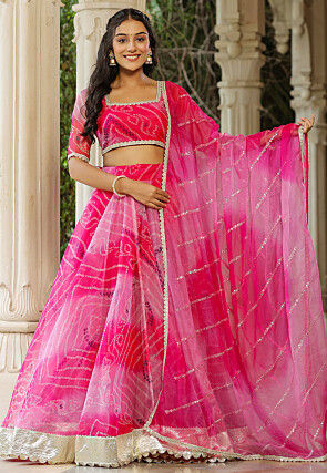 Bandhej Printed Pure Organza Lehenga in Fuchsia