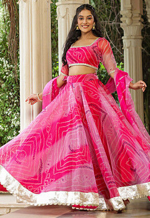 Bandhej Printed Pure Organza Lehenga in Fuchsia