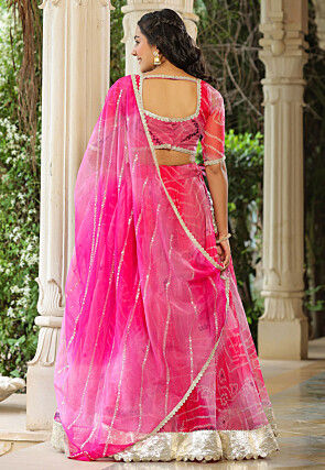 Bandhej Printed Pure Organza Lehenga in Fuchsia