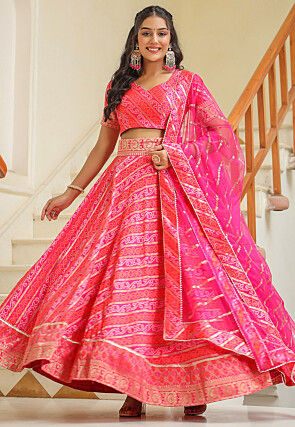 Bandhej Printed Pure Silk Brocade Lehenga in Pink