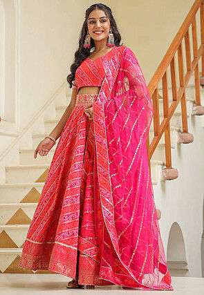 Bandhej Printed Pure Silk Brocade Lehenga in Pink