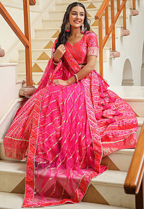 Bandhej Printed Pure Silk Brocade Lehenga in Pink