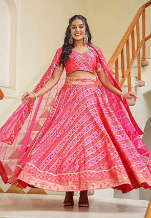 Bandhej Printed Pure Silk Brocade Lehenga in Pink