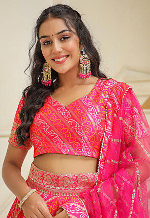 Bandhej Printed Pure Silk Brocade Lehenga in Pink