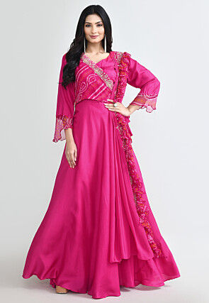 Bandhej Printed Pure Silk Gown with attached Dupatta in Fuchsia