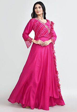 Bandhej Printed Pure Silk Gown with attached Dupatta in Fuchsia
