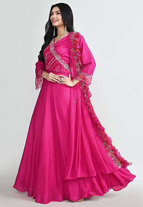 Bandhej Printed Pure Silk Gown with attached Dupatta in Fuchsia
