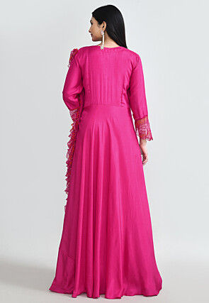 Bandhej Printed Pure Silk Gown with attached Dupatta in Fuchsia