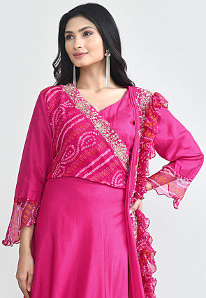 Bandhej Printed Pure Silk Gown with attached Dupatta in Fuchsia