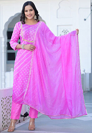 Bandhej Printed Pure Silk Pakistani Suit in Pink