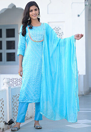 Bandhej Printed Pure Silk Pakistani Suit in Sky Blue