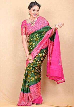 Bandhej Printed Pure Silk Saree in Green